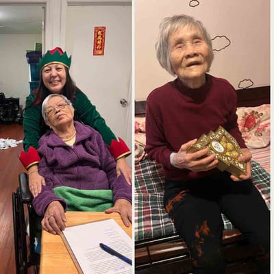 Staff member with resident celebrating the holidays.
