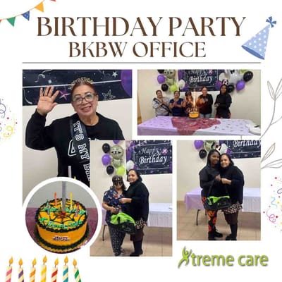 Residents celebrating a birthday with cake and decorations.