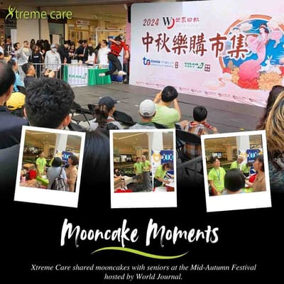 Seniors celebrating Mid-Autumn Festival with mooncakes.