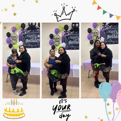 Residents celebrating a birthday with decorations