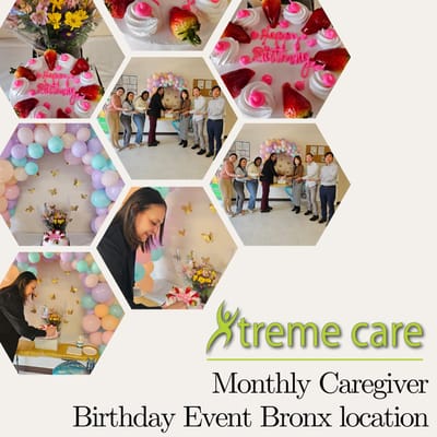 Caregivers celebrate a birthday with decorations and activities.