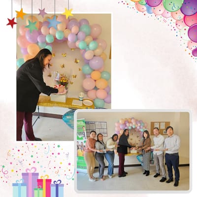 Residents and staff celebrating with balloons and cake.