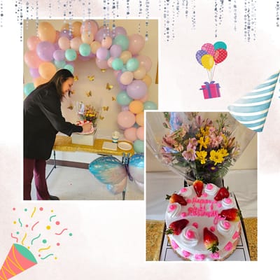 Celebration with a cake and decorations.