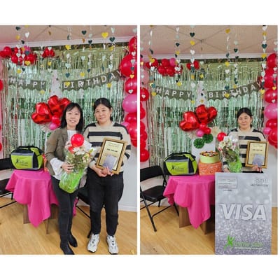 Celebration with two people holding awards