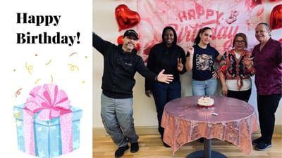 Celebration with residents and staff on a birthday.