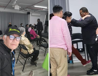 Residents and staff engaging in an activity.
