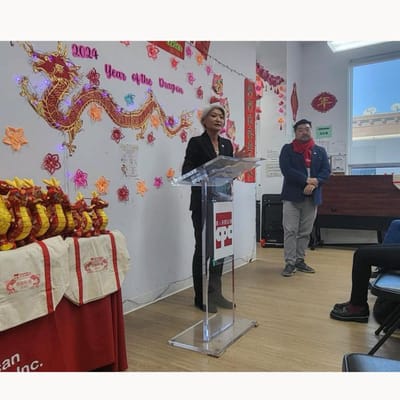 Celebration event with speakers and decorations