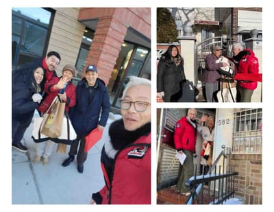 Residents and staff engaging outside in winter attire.