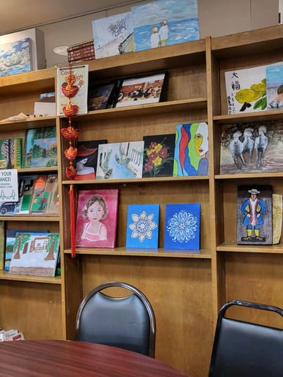 Interior view of a communal art display area.