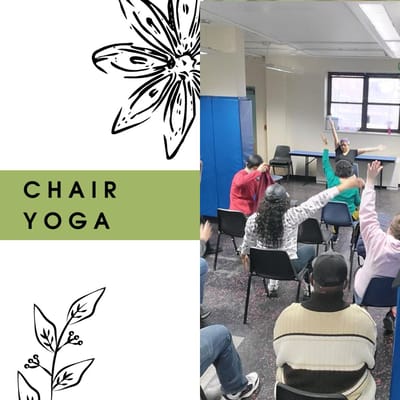 Residents participating in chair yoga class