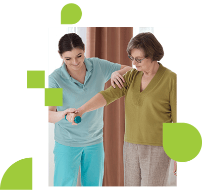 Staff assisting a resident with rehabilitation exercises.
