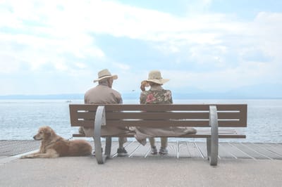 Two seniors enjoying a lakeside view on a bench.