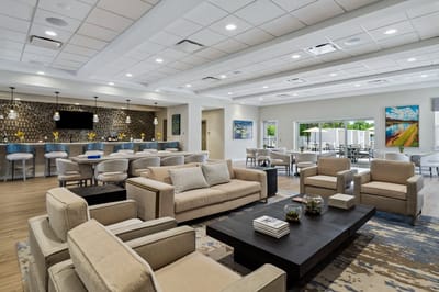 Bright and spacious common area with seating
