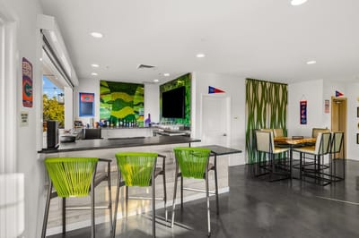 Bright interior of a common area with bar seating
