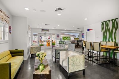 Bright and inviting common area with seating