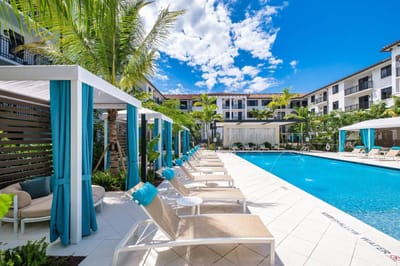 Outdoor pool area with lounge chairs and palm trees