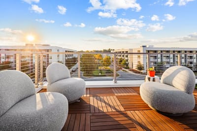 Outdoor seating area with a view of the facility.