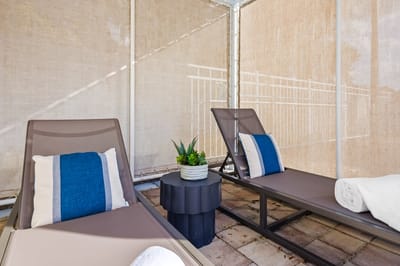 Loungers with pillows and a potted plant in a shaded area.