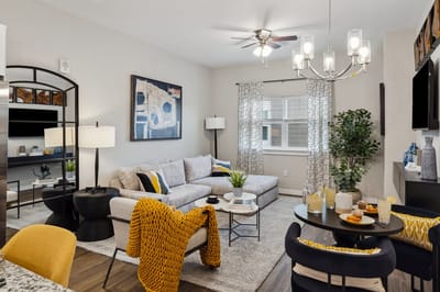 Cozy common area with a sofa and dining table