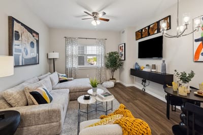 Cozy common area with modern decor and furniture.