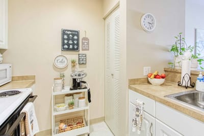 Cozy kitchen area with coffee setup and apples