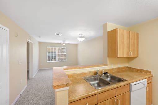 Interior view of a residential unit kitchen and living area.