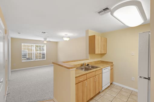 Interior view of a kitchen and living area