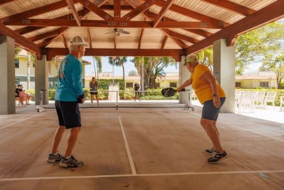 Two seniors engaged in a game of pickleball outdoors