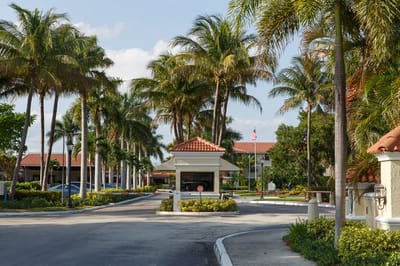 Entrance with palm trees leading to the facility