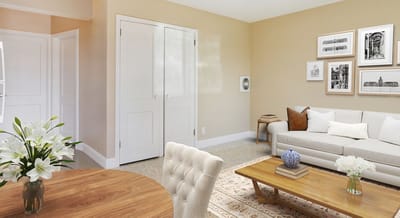 Bright living room with modern furniture and decor