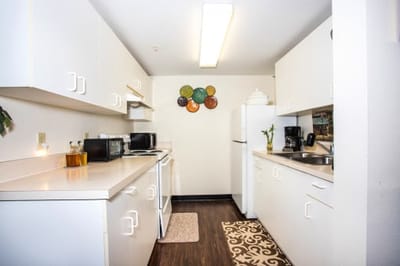 Modern kitchen interior with appliances and decor.