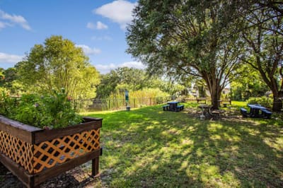 Well-maintained garden space with seating
