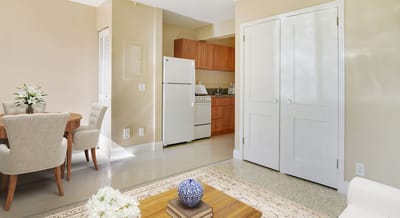 Cozy apartment interior with kitchen and dining area.