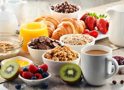 Variety of breakfast foods on a table
