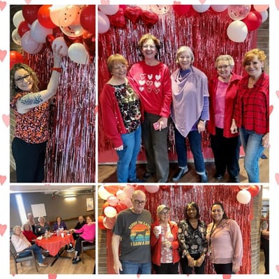 Residents and staff celebrating with decorations.