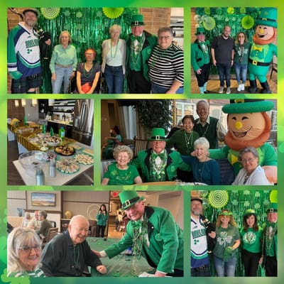 Residents and staff celebrating with decorations and food.