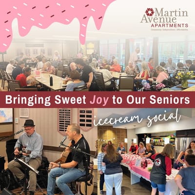 Residents enjoying an ice cream social activity.