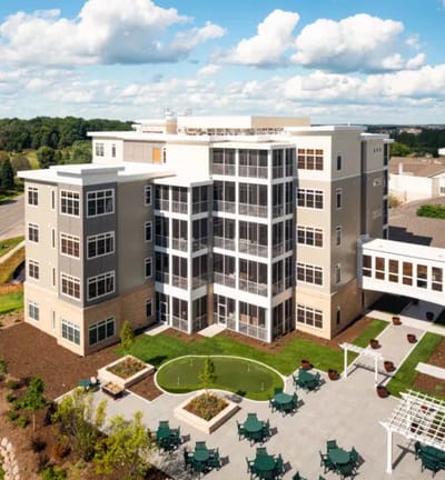 Aerial view of the facility's outdoor space and building