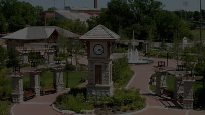 Beautiful outdoor space with clock tower and fountain