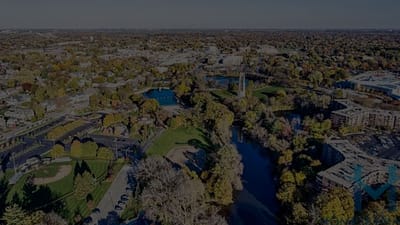 Aerial view of parks and surrounding areas.