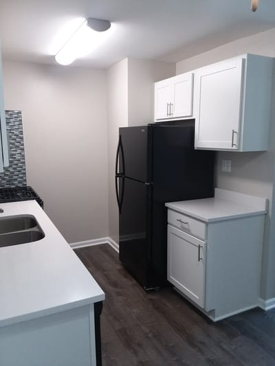 Modern kitchen with black refrigerator and cabinets.