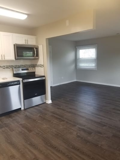 Interior view of a kitchen with open space
