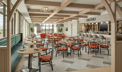 Bright dining room with modern decor and seating