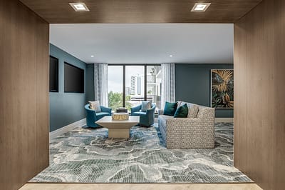 Bright common area with modern furniture and decor