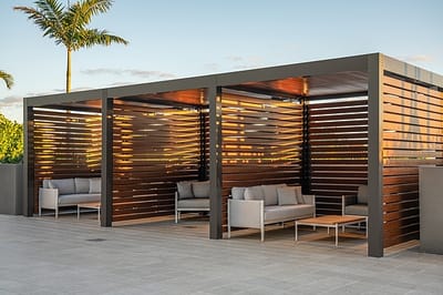 Outdoor lounge area with shaded seating