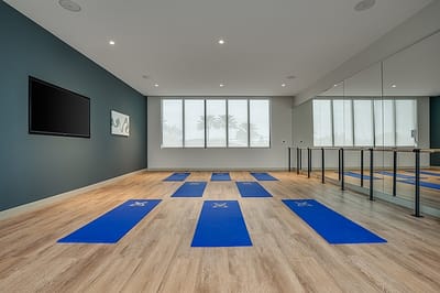 Bright yoga studio with exercise mats