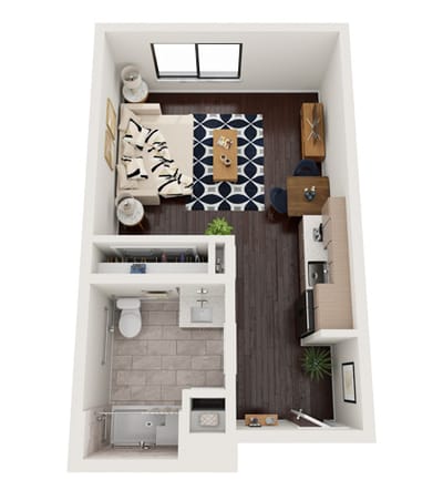 Floor plan of a small living space with kitchen and bathroom