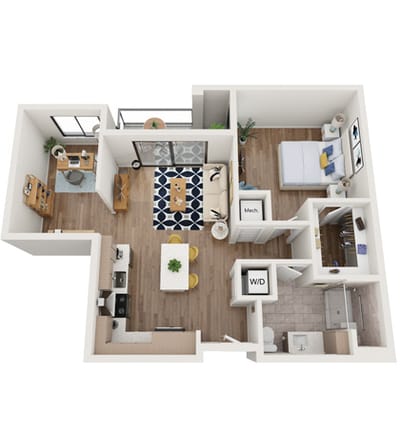 Architectural floor plan of a one-bedroom unit