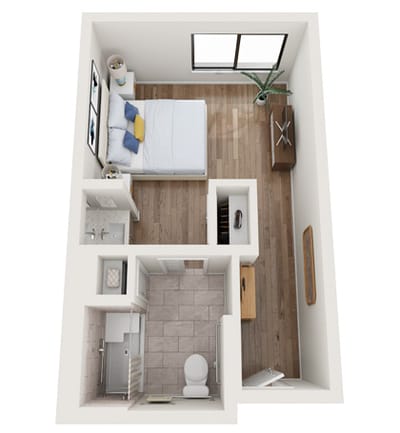A bedroom layout with bed and furniture
