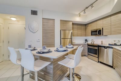 Modern kitchen setup with dining area